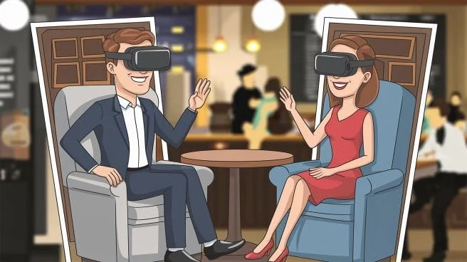 A man and woman wearing virtual-reality headsets while meeting in a simulated café.
