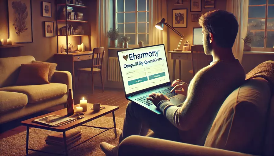 A man completing an eHarmony compatibility questionnaire on a laptop.