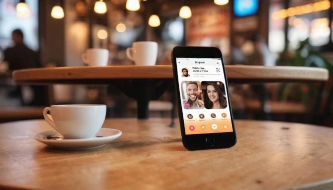 A smartphone displaying a dating profile on a café table.