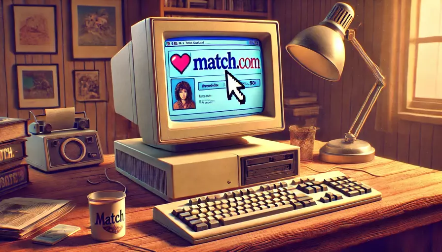 A vintage desktop computer displaying a Match.com profile page.