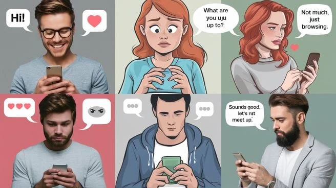 Six people exchanging dating-app messages, ranging from excited to anxious and disengaged.