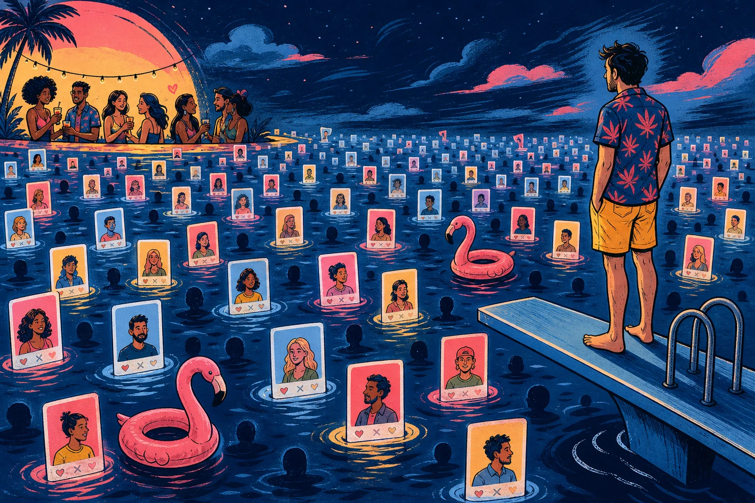 Illustration of a man looking across a vast sea of dating profiles, with pink inflatable flamingos