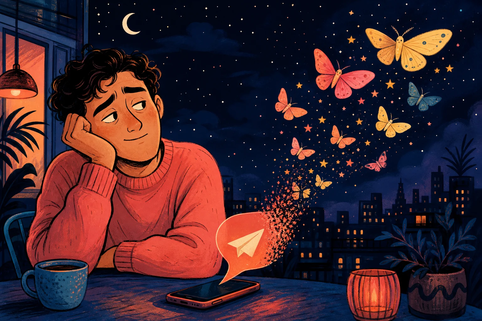 Illustration of a dating message dissolving into colourful moths under a night sky