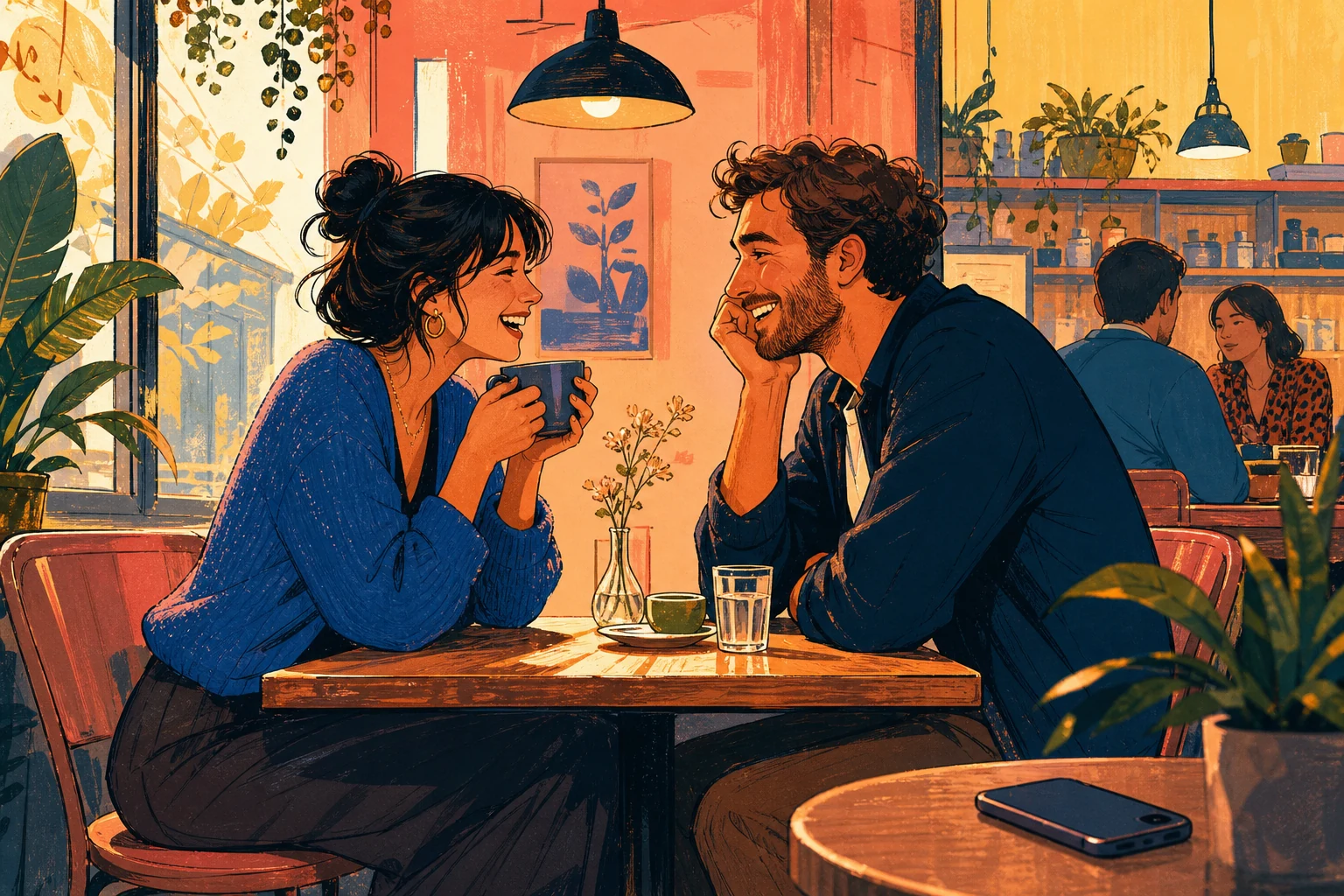 Illustration of two people laughing together at a cafe while a phone rests face down nearby