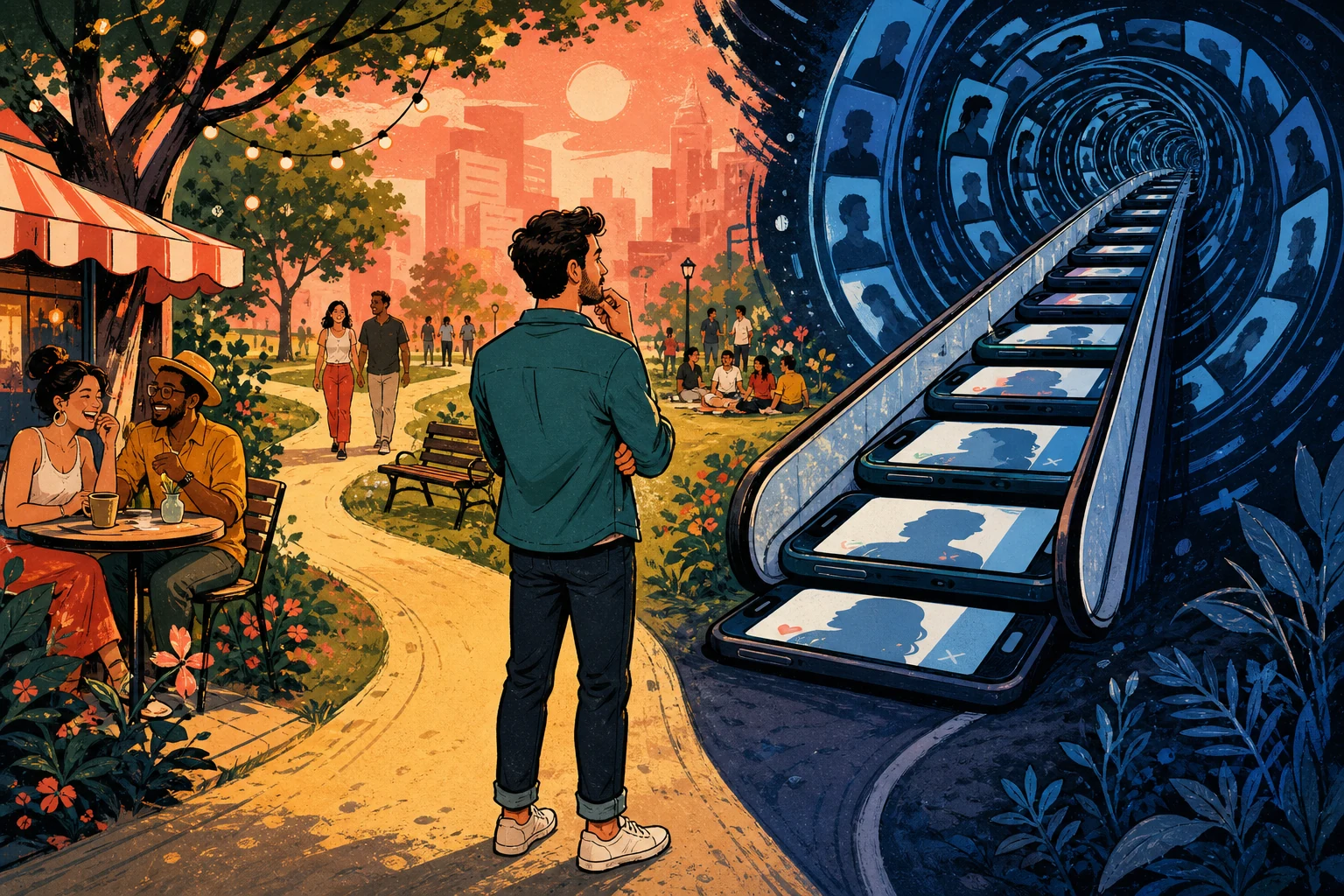 Illustration of a man choosing between a lively real-world social scene and an endless tunnel of dating app profiles