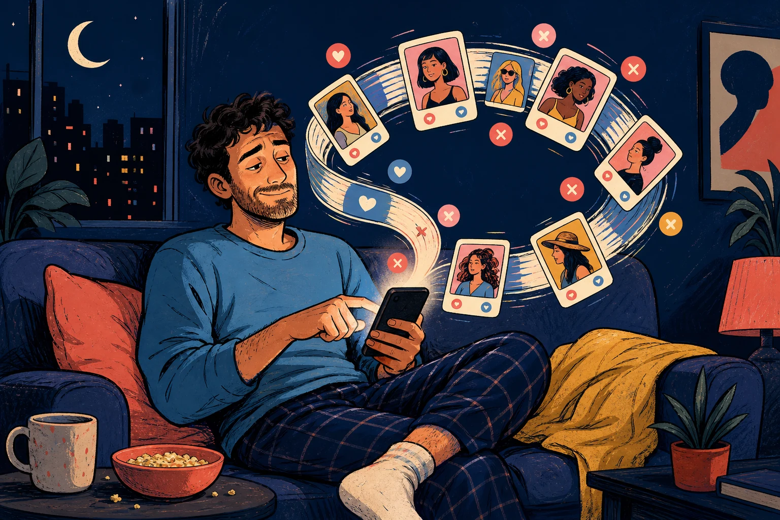 Illustration of a tired man caught in an endless loop of dating profiles