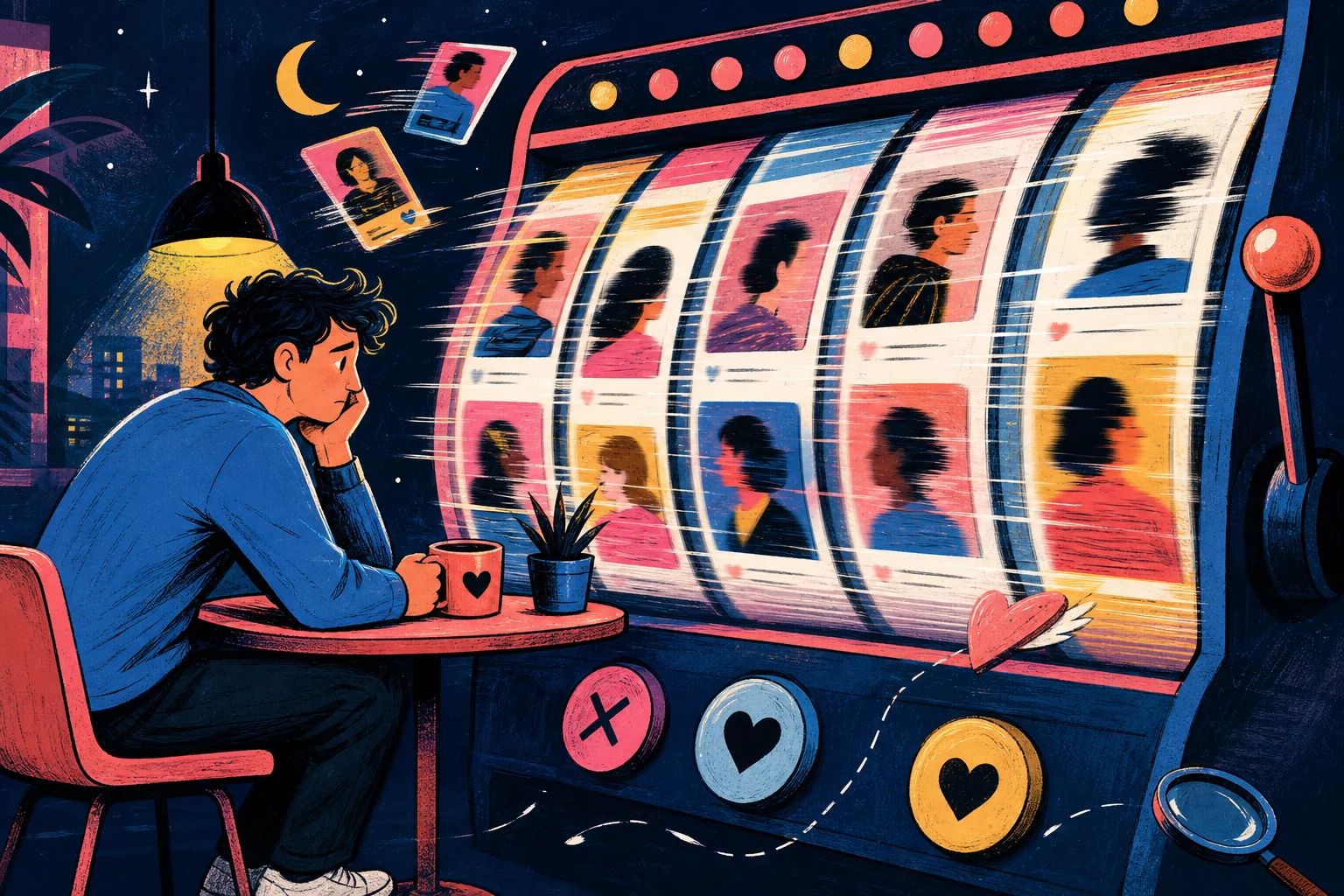 Illustration of a person watching dating profile cards rush past like a slot machine