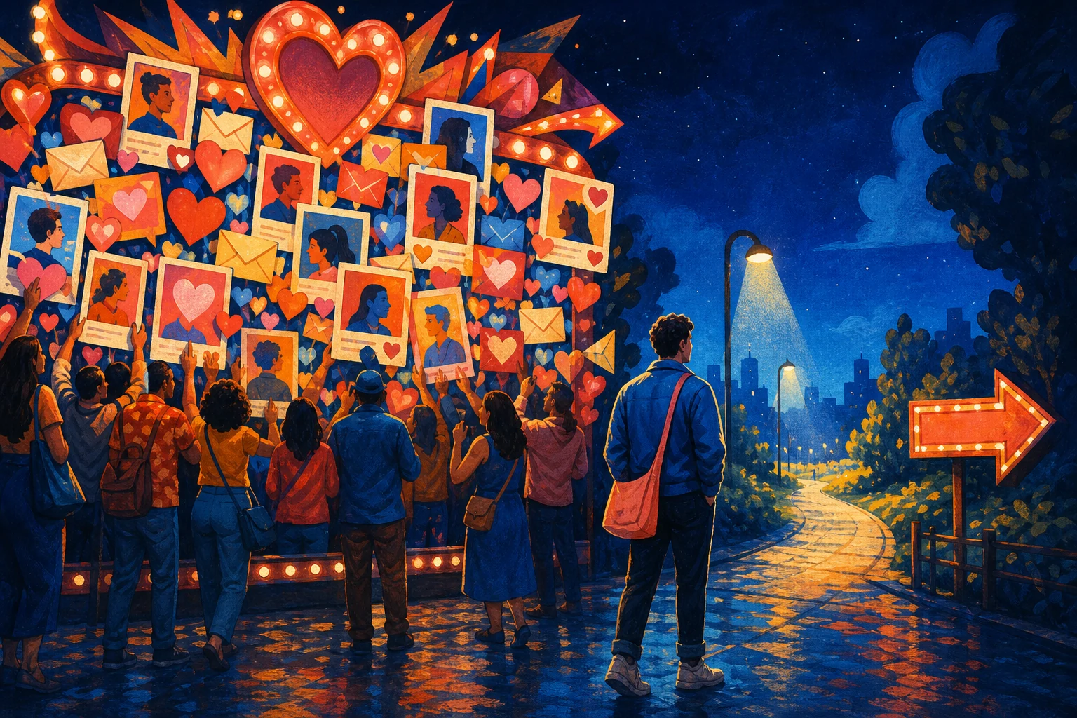 Illustration of an overwhelming wall of social media attention beside a quiet path