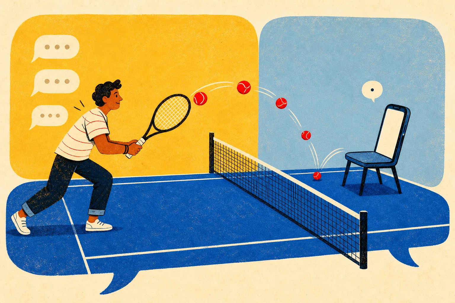 Illustration of a one-sided conversation as a tennis match with no return