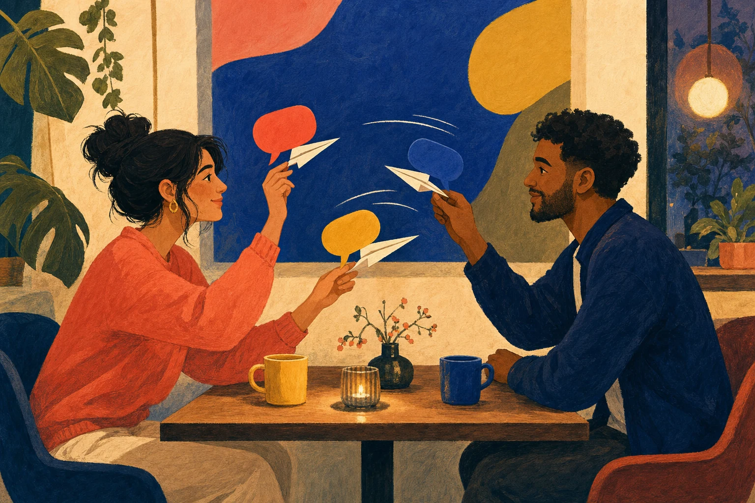 Illustration of two people exchanging messages with equal effort