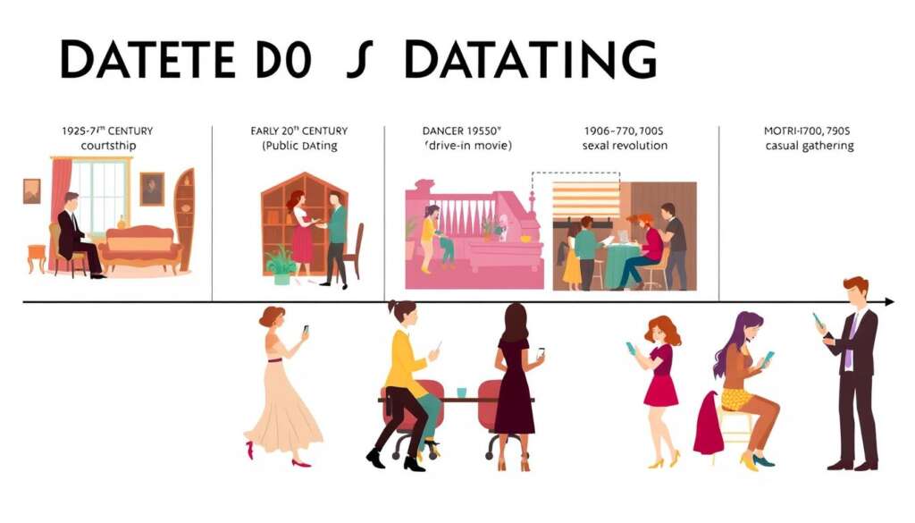 Evolution of dating through different historical periods showing changing preferences vs standards in dating Evolution of dating through different historical periods showing changing preferences vs standards in dating