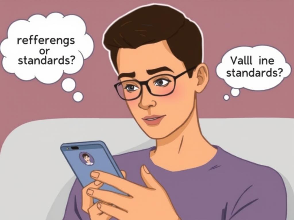 Person swiping on dating app with preferences vs standards in dating in mind Person swiping on dating app with preferences vs standards in dating in mind