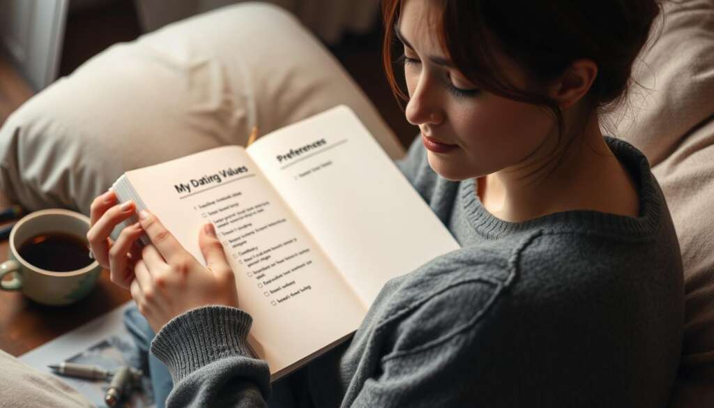 Person writing down dating standards and preferences vs standards in dating journal Person writing down dating standards and preferences vs standards in dating journal